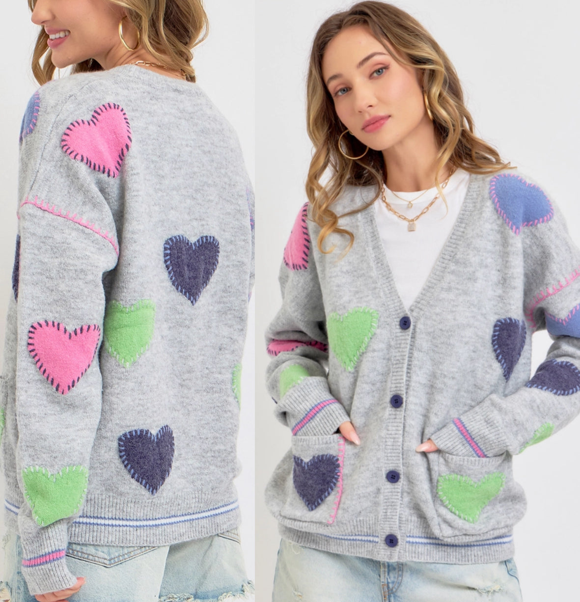 Grey sweater knit cardigan with multi heart patches
