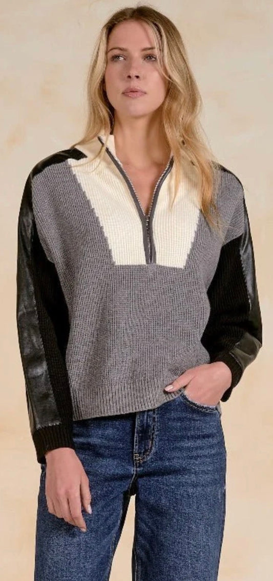 Grey and white quarter zip soft knit sweater with black pleather sleeves