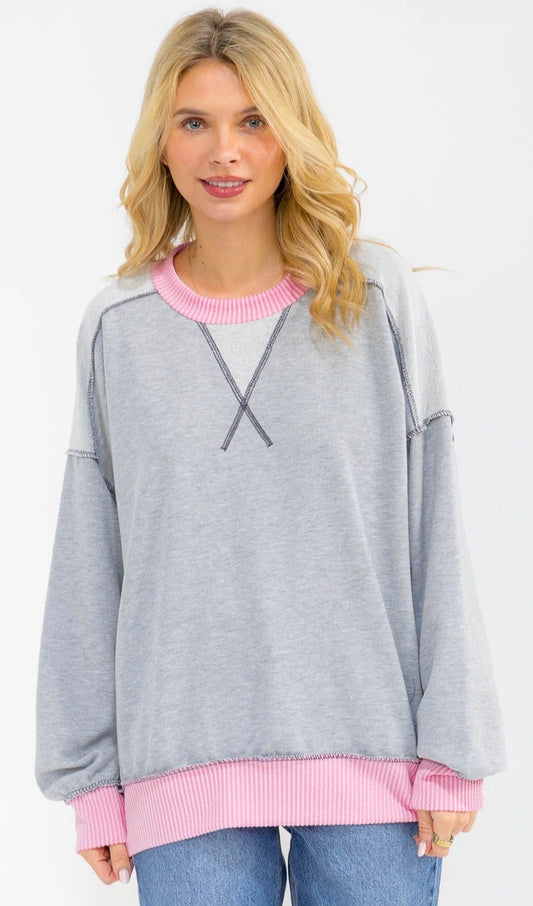 PREORDER NOW, Arriving tomorrow…Grey reverse sweatshirt with pink rib trim, available up to XL/XXL