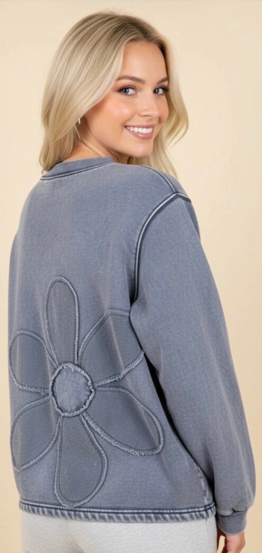 Arriving Wednesday afternoon…Blue sweatshirt with tonal daisies on front and back