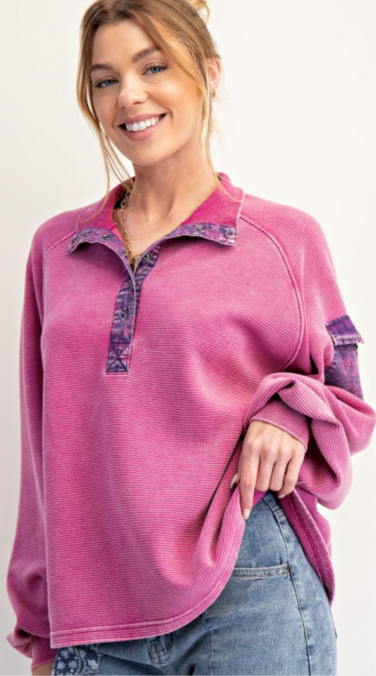 Orchid ribbed henley top with purple trim and sleeve pocket