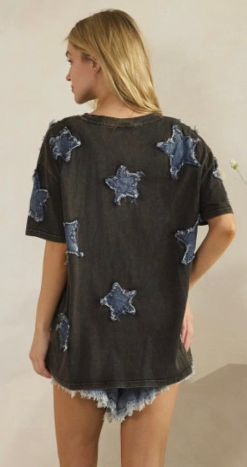 Black soft tee with denim star patches