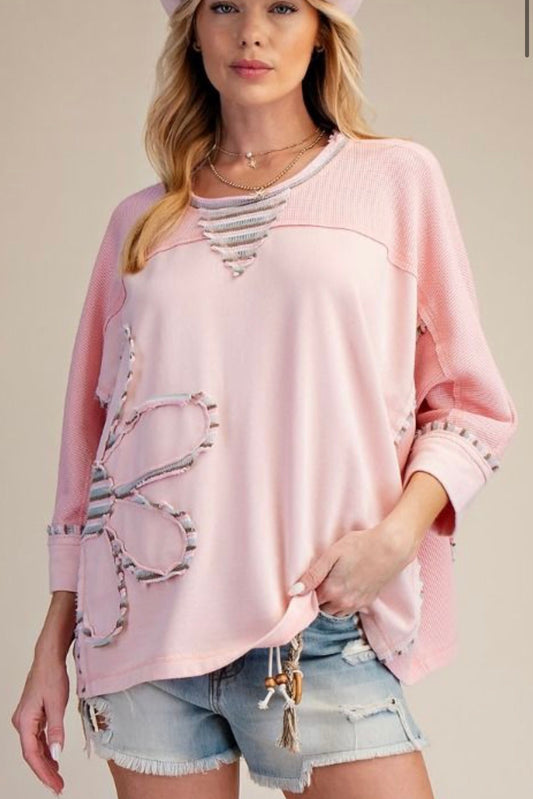 Pink loose fit top with striped daisy (available up to XXL/2X)