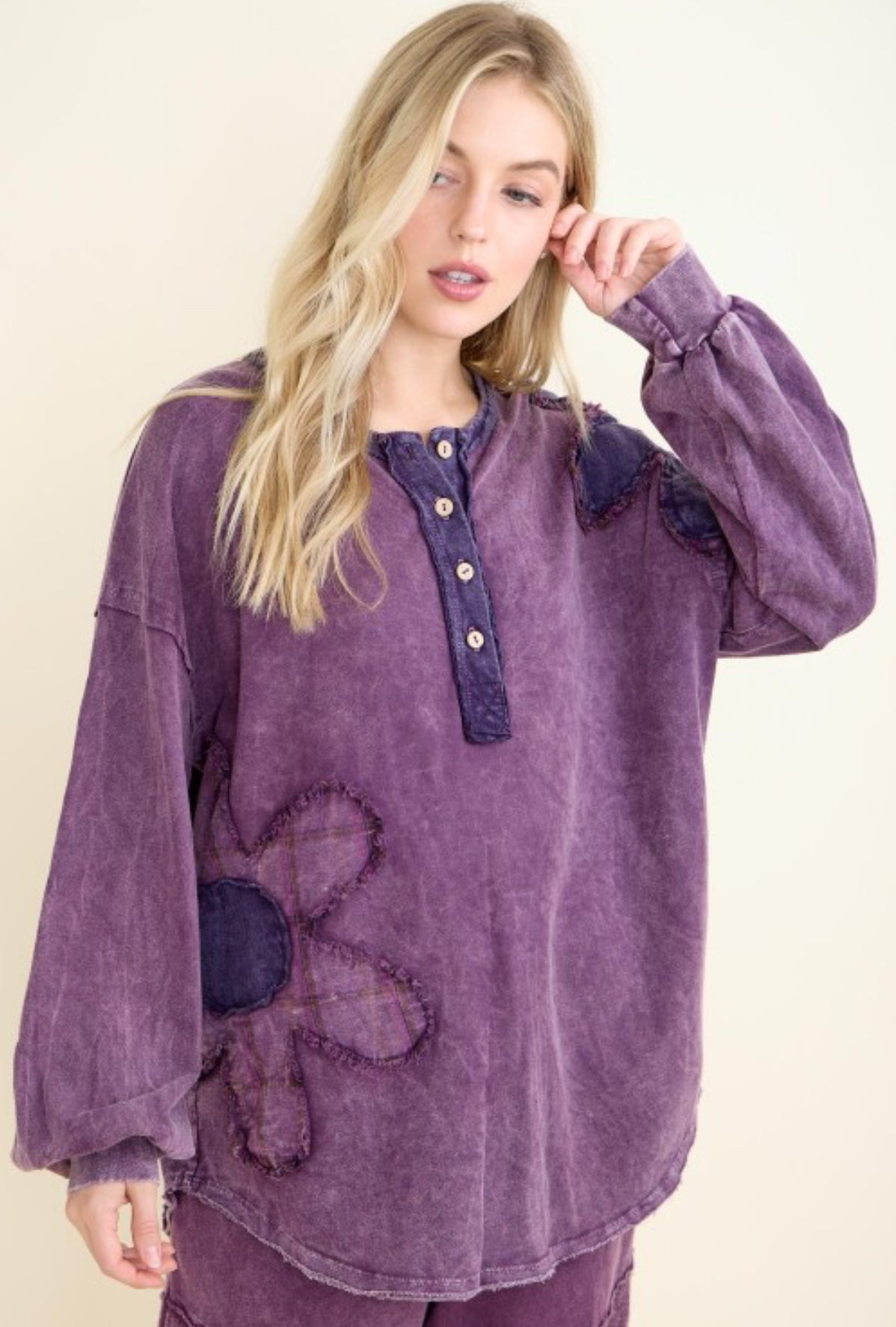 Purple henley with daisy patches