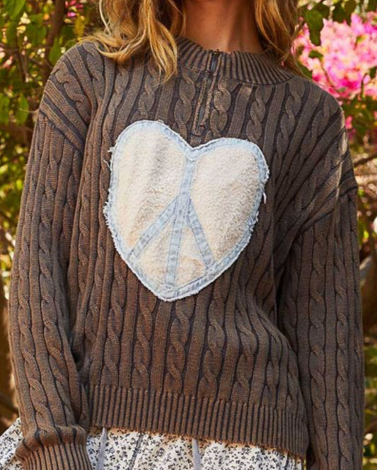 Charcoal quarter zip cable knit sweater with peace heart patch