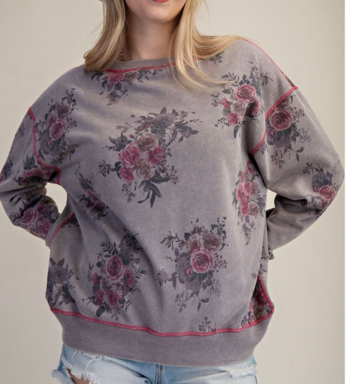 Grey with floral sweatshirt with pink stitching