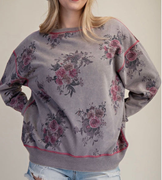 Grey with floral sweatshirt with pink stitching