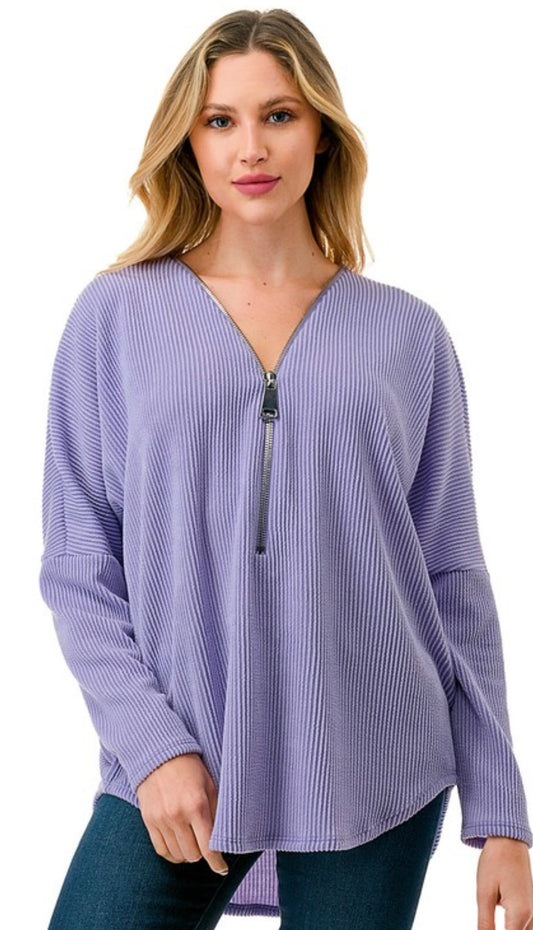 PREORDER NOW, Arriving Friday...Lilac soft rib loose fit zip top, BEST SELLER