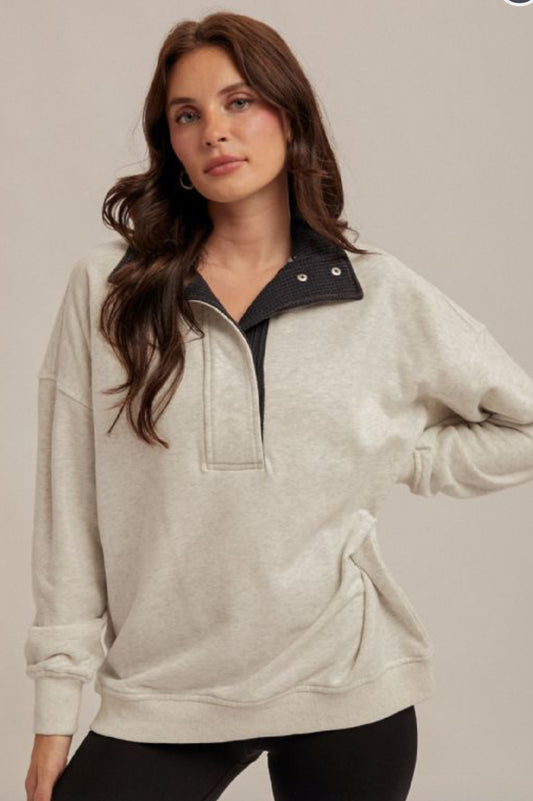 Grey soft sweatshirt with black thermal collar