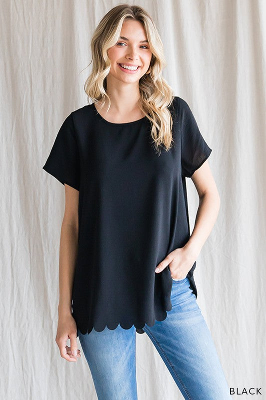 Black scallop bottom short sleeve top (up to XL)