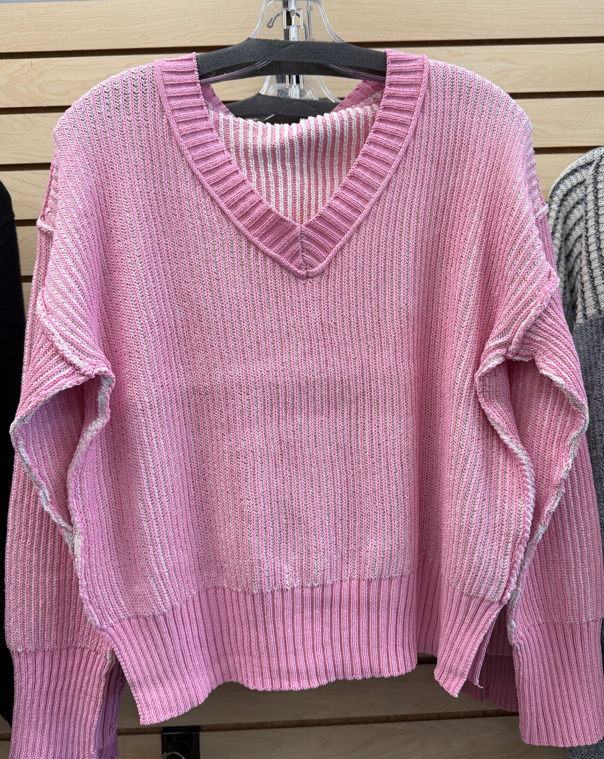Pink soft rib knit v neck sweater