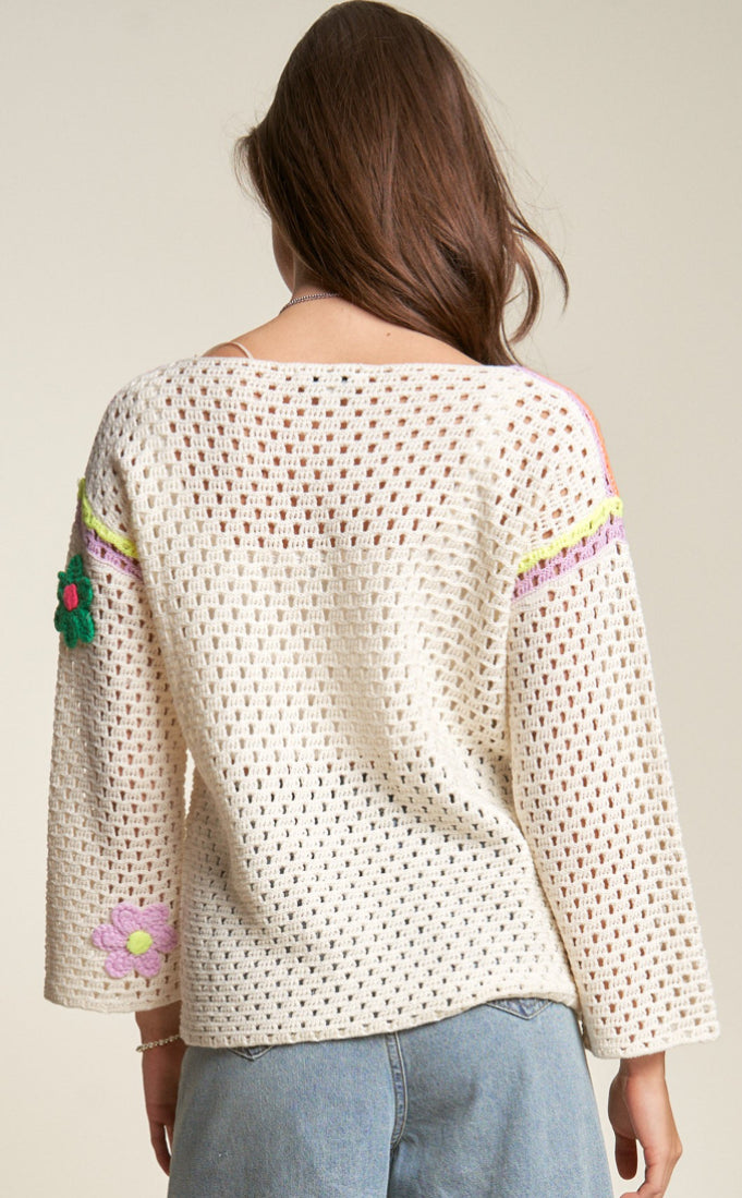 Crochet sweater with multicolored embroidered flowers, ALSO AVAILABLE IN PLUS SIZE!