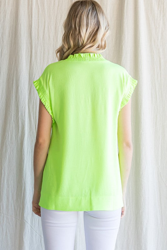 Neon top with ruffle v neck and sleeves
