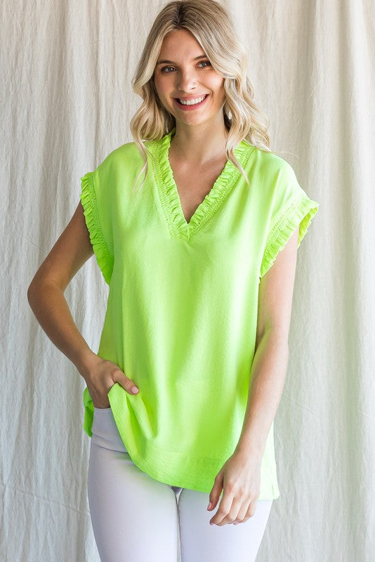 Neon top with ruffle v neck and sleeves