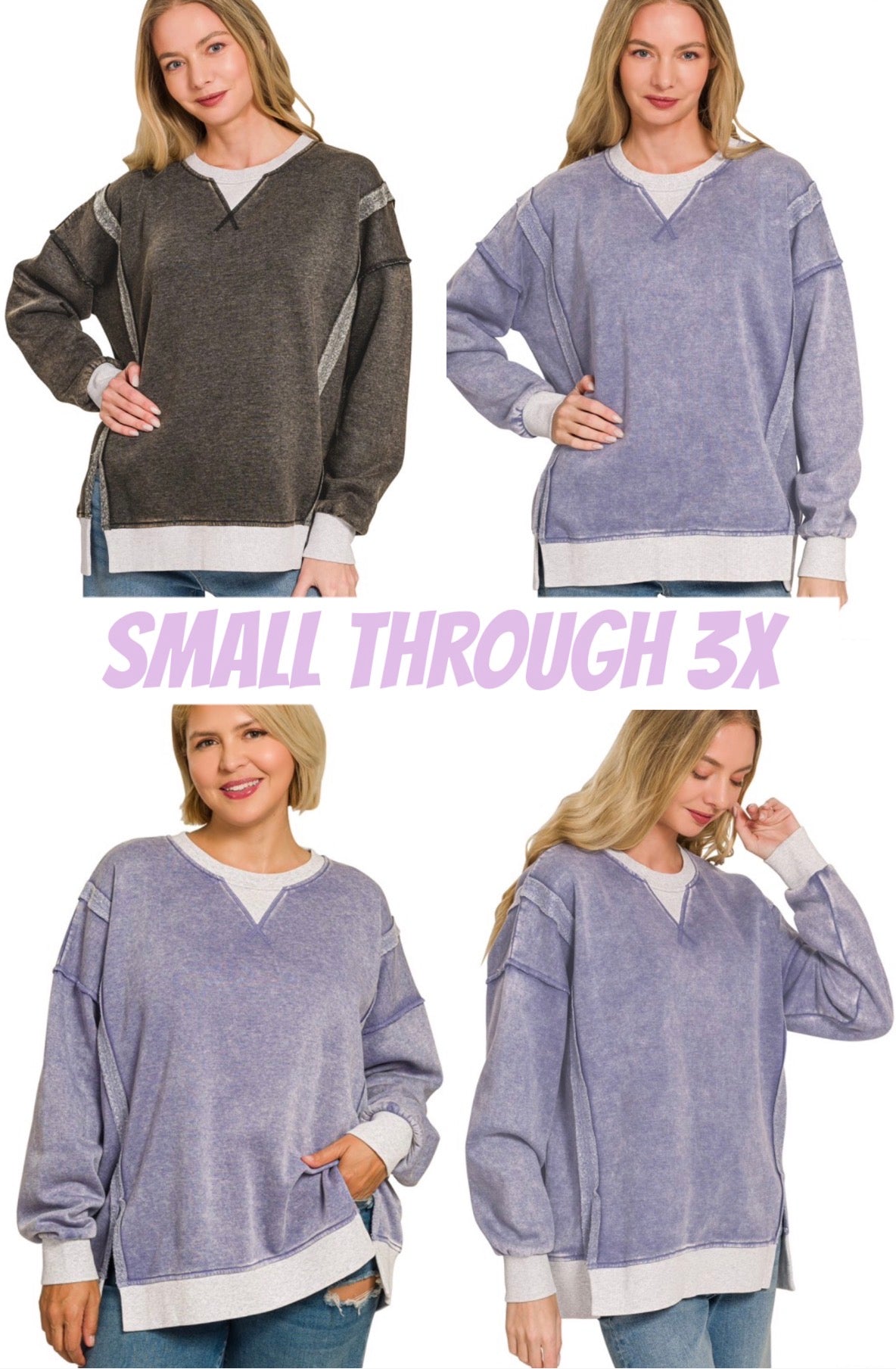 Loose fit mineral wash sweatshirts, also available in plus sizes!
