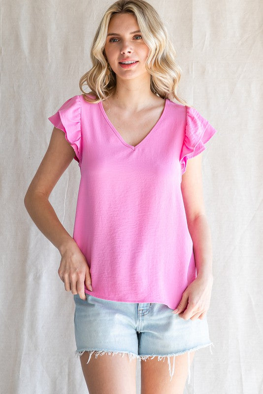 Candy pink ruffle sleeves v neck top