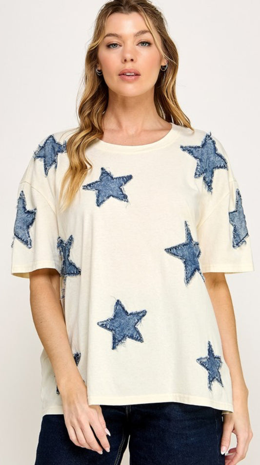 Cream loose fit tee with denim star patches all over