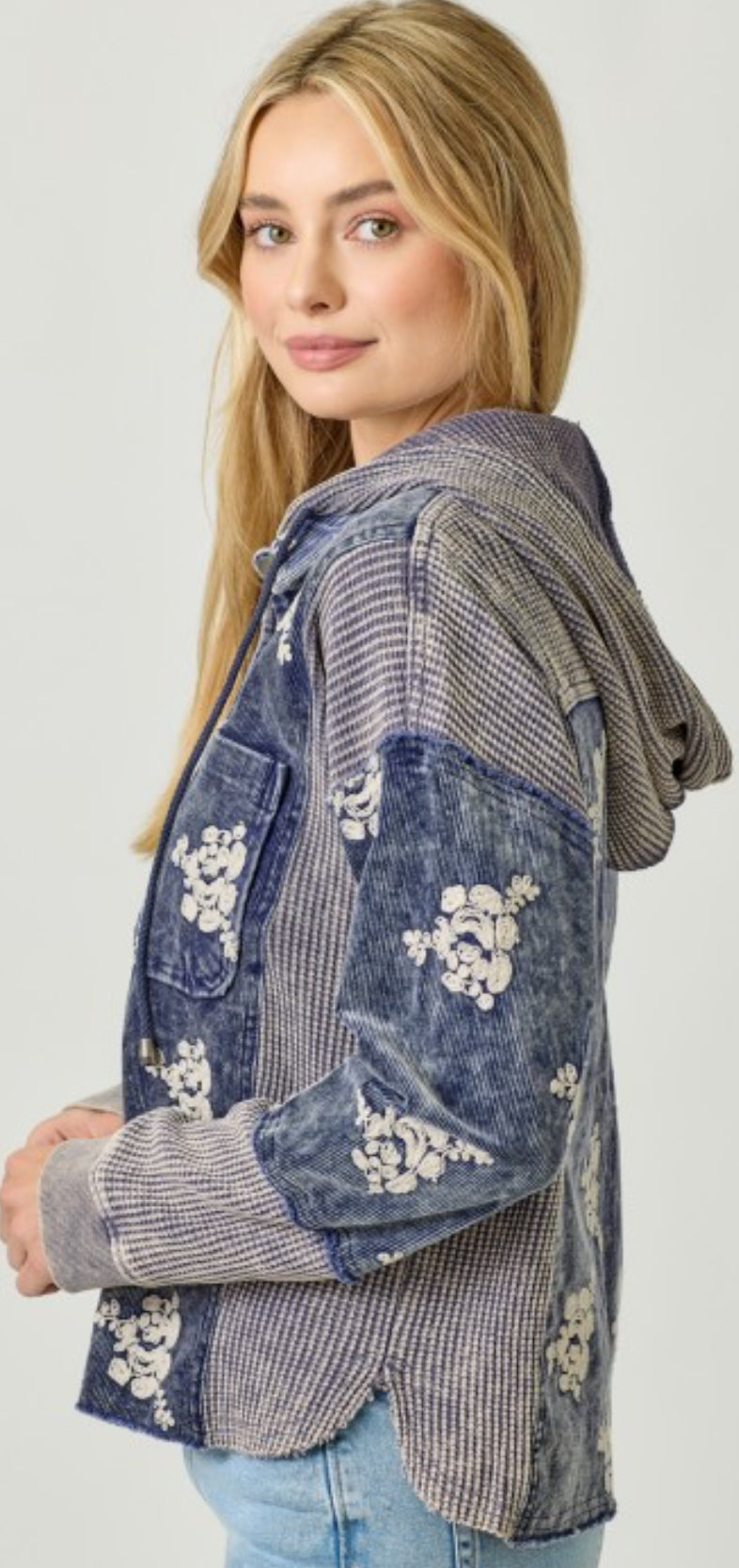 Blue cord/waffle mix jacket with floral embroidery