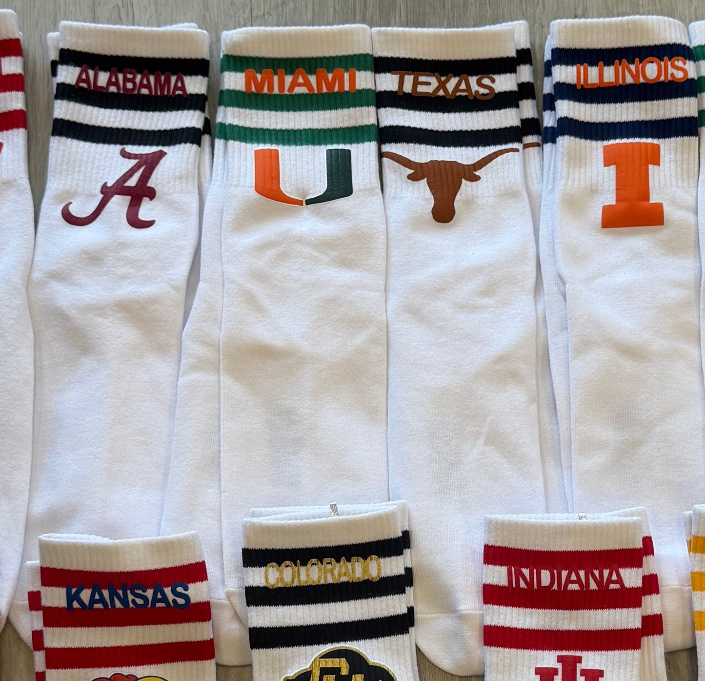 In stock & Custom order stripe and smile socks (can order for ANY camp, school, team and smiley can be swapped out for any other design) GREAT FOR GIFTS!