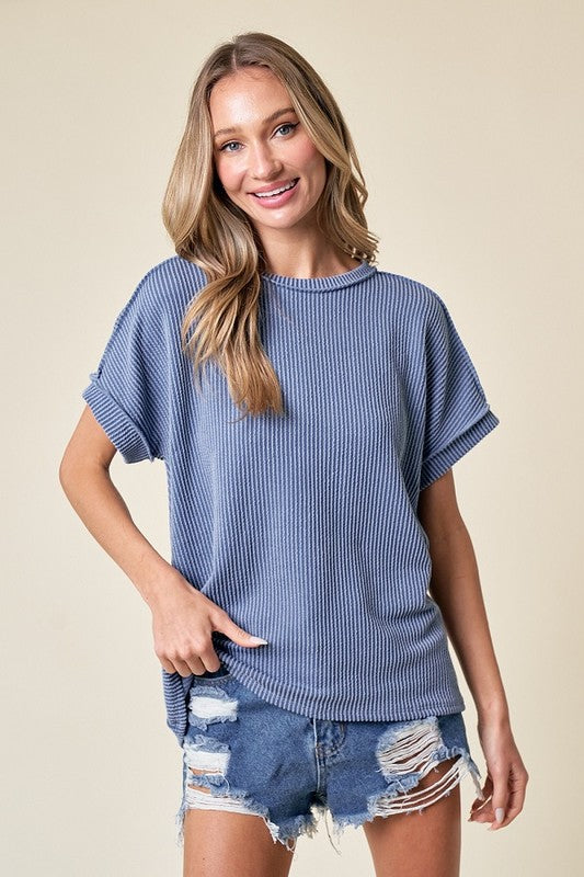 PREORDER NOW, Arriving Monday...Blue ribbed crew neck top