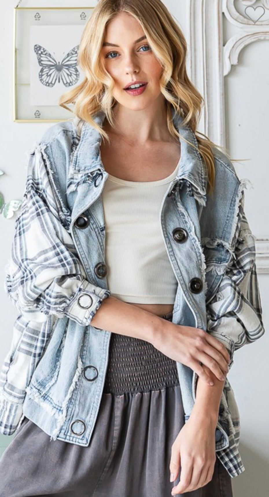 Loose fit snap front denim jacket with white and black plaid sleeves, up to 1X/2X