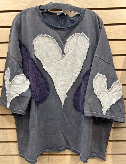 Blue loose fit top with large heart patches (available up to size XXL/1X)