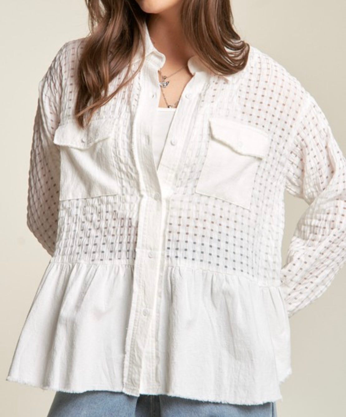 White button down blouse with net inserts & flounce bottom (ALSO AVAILABLE IN PLUS SIZES)