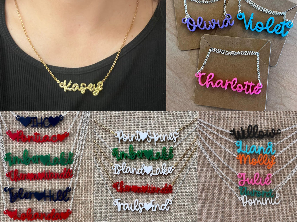 Custom acrylic name necklaces…ANY camp, college, team, SWIFTIE💕or name! Great for gifts! (See pic 2 for color options plus ALL camp colors are also available)