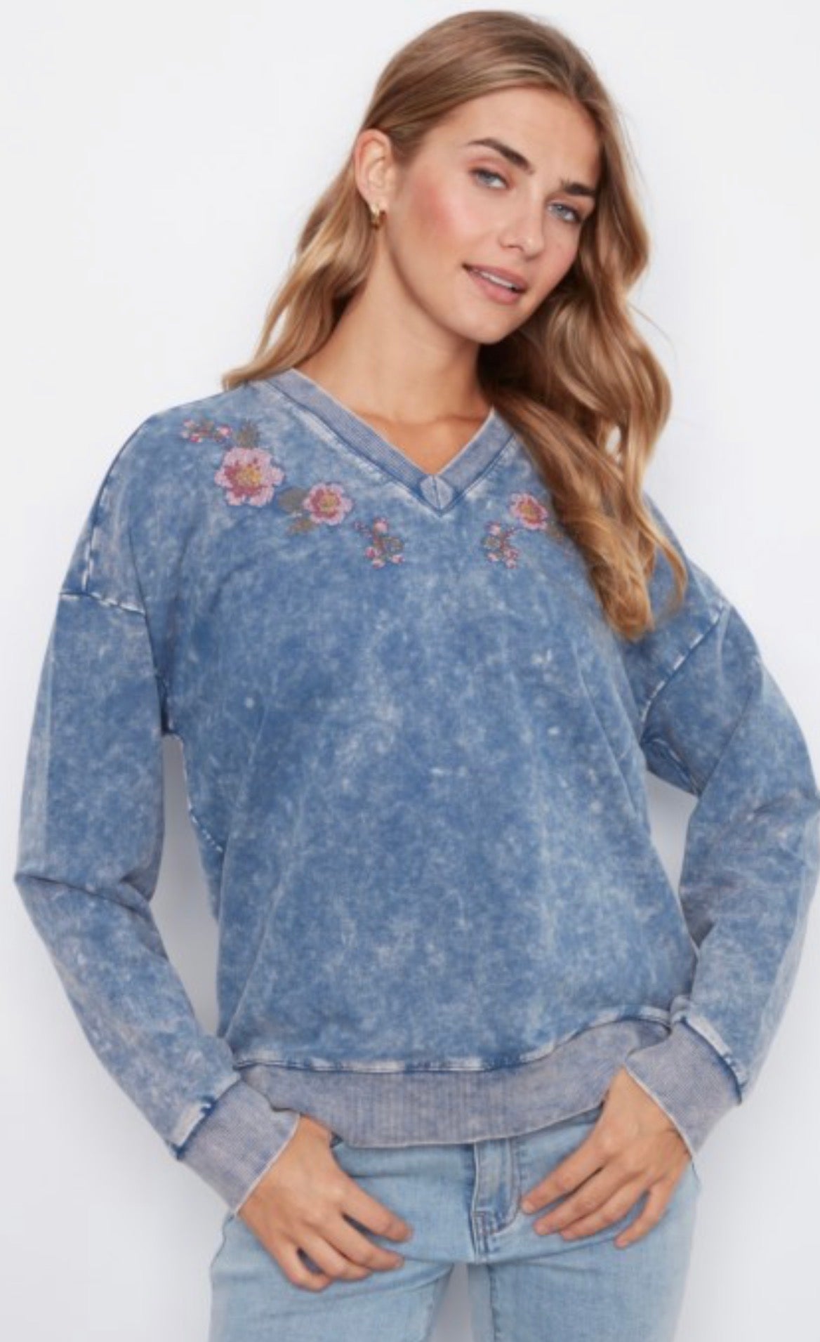 ARRIVING TODAY, Charlie B blue v neck with multicolored embroidered flowers