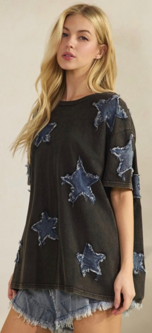 Black soft tee with denim star patches
