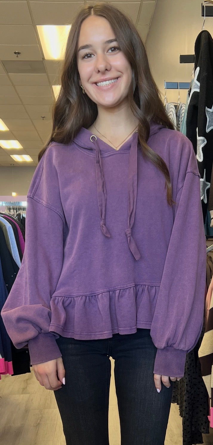 Purple peplum hooded sweatshirt