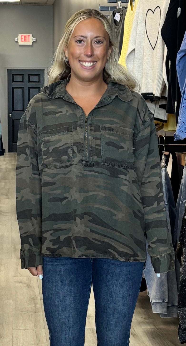 Vintage Havana camo tencel quarter zip blouse