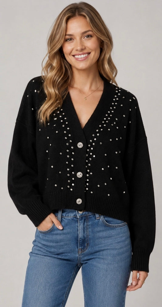 Black sweater knit cardigan with rhinestones