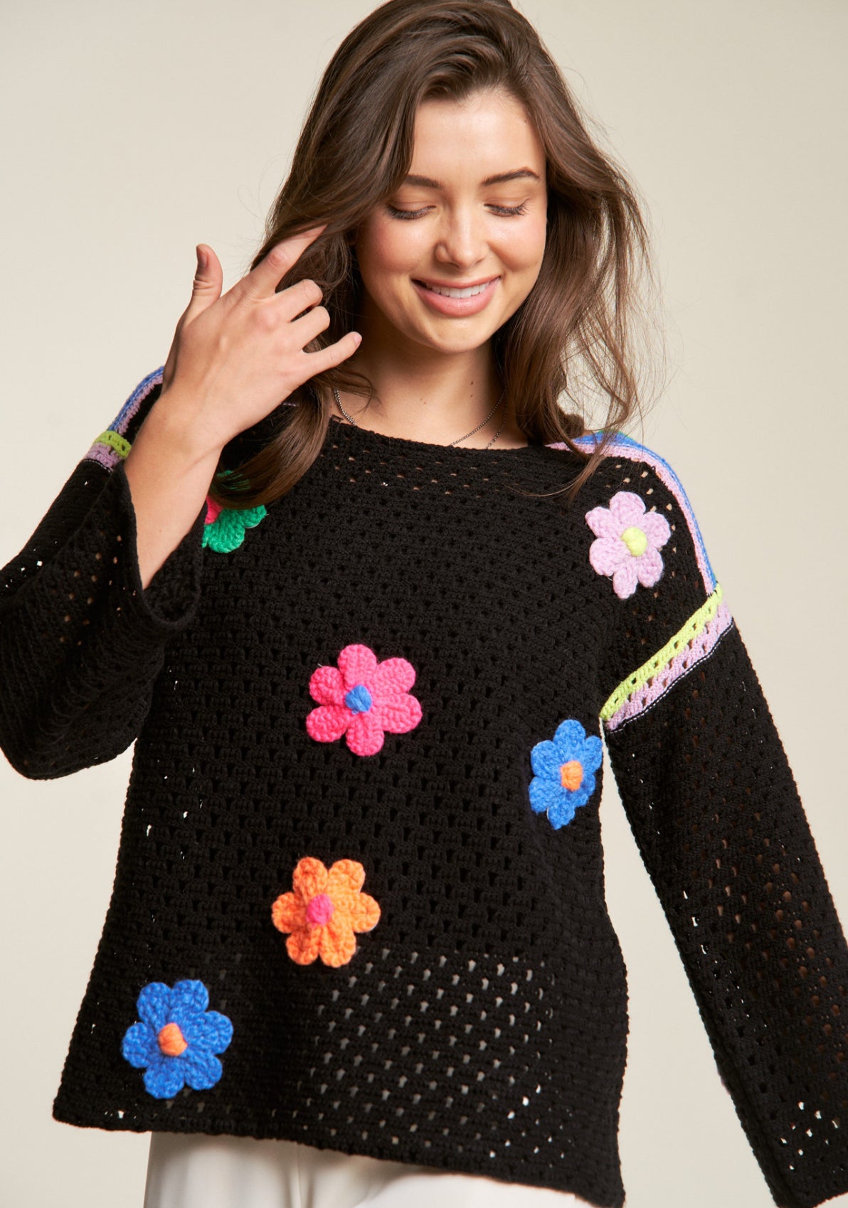 Crochet sweater with multicolored embroidered flowers, ALSO AVAILABLE IN PLUS SIZE!
