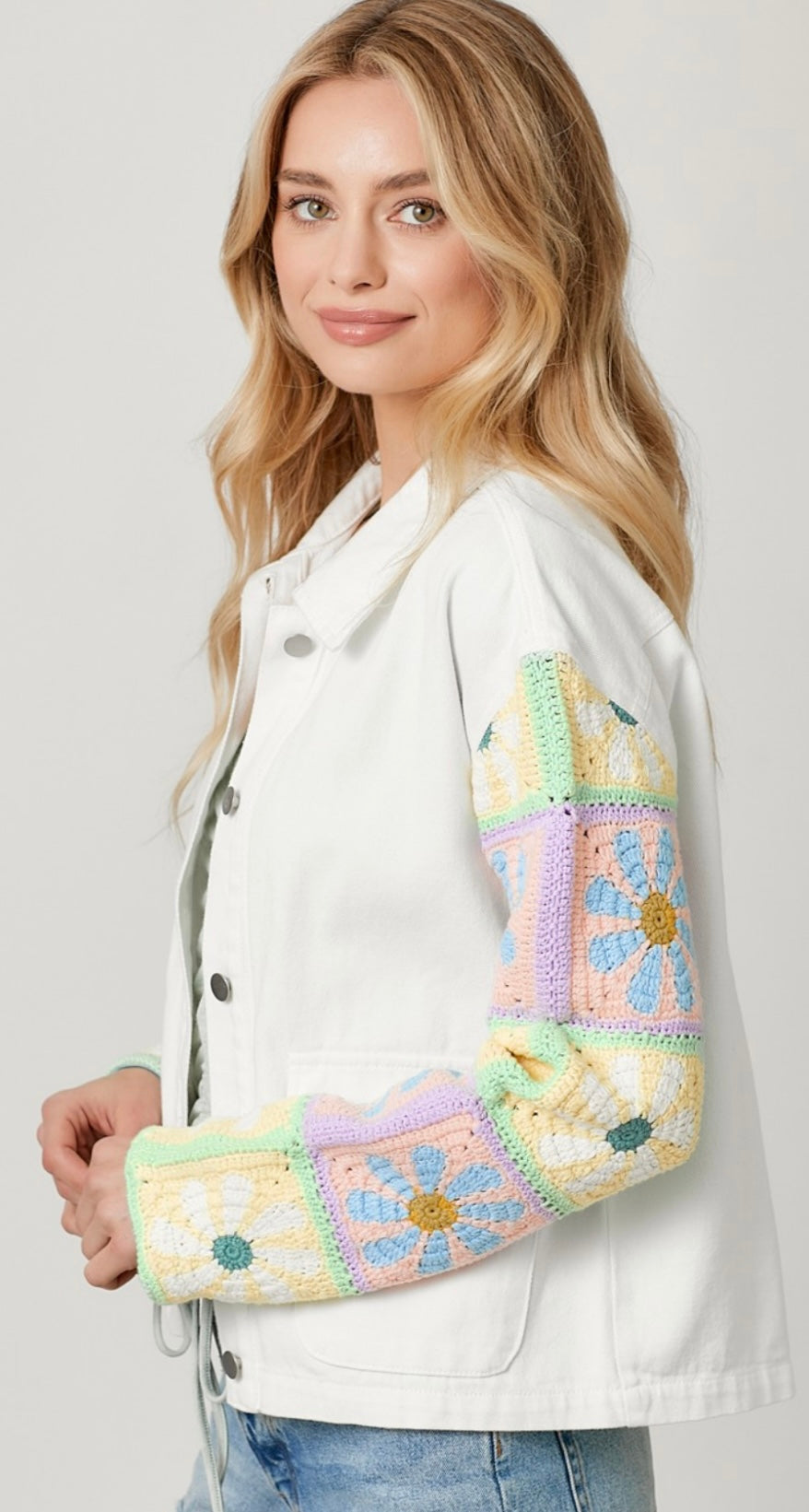 White denim jacket with multicolor crochet sleeves