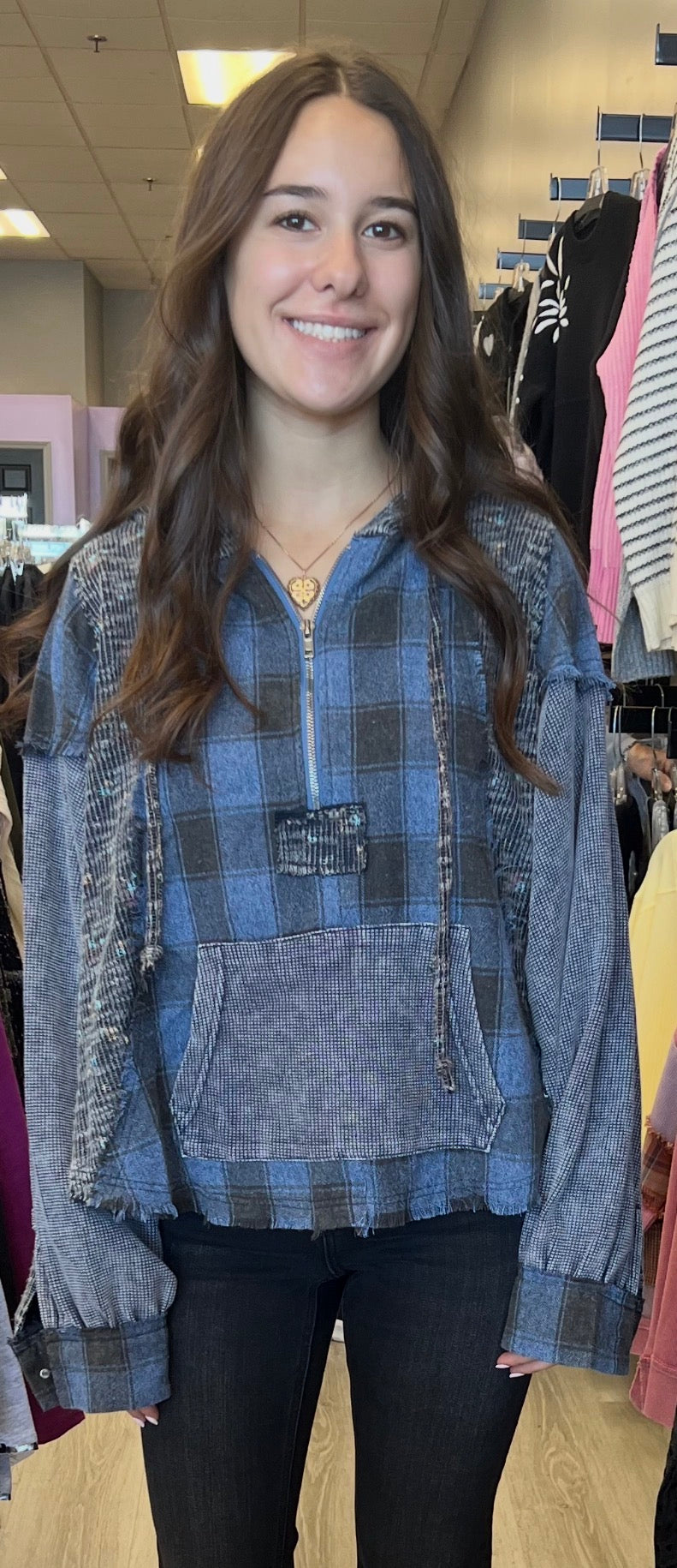 Blue plaid loose fit hi/lo quarter zip hoodie with thermal sleeves