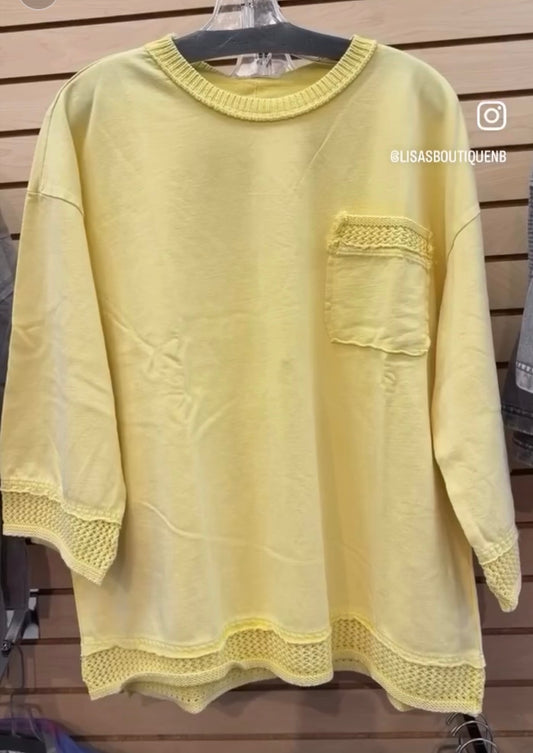 PREORDER NOW, RESTOCKING FRIDAY ! Yellow 3/4 sleeve pocket top with net inserts, BEST SELLER!