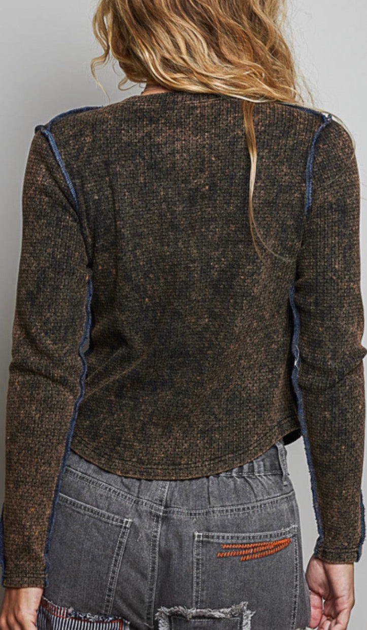 PREORDER NOW, Arriving Thursday…Black waffle henley with blue stitching