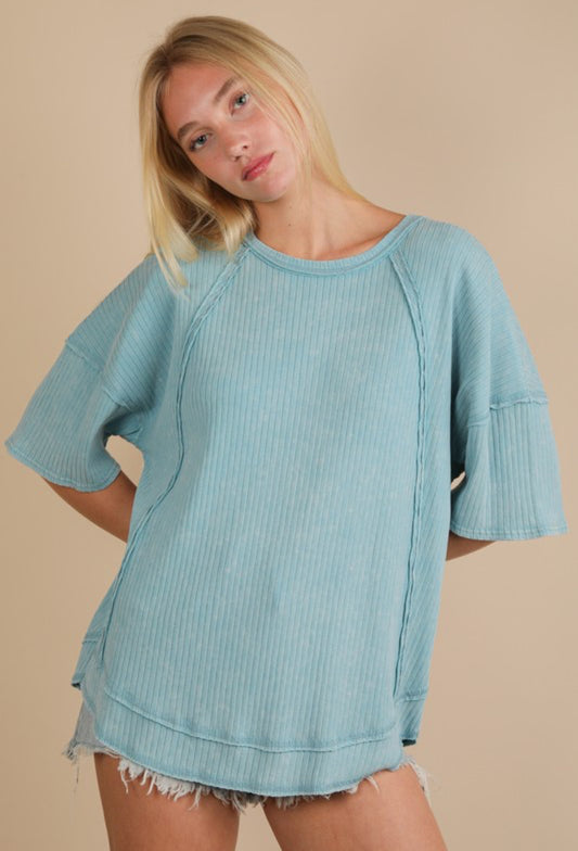 Blue ribbed crew neck top