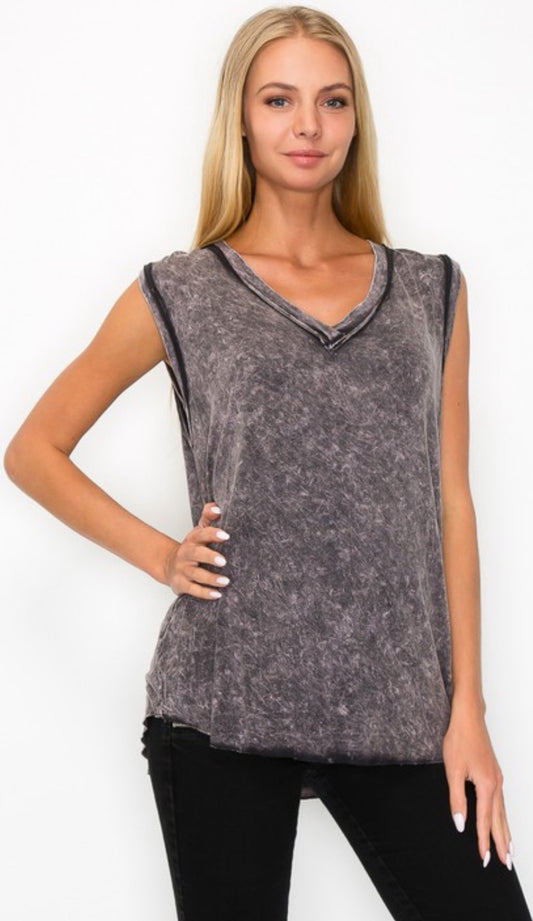 Grey mineral wash sleeveless v