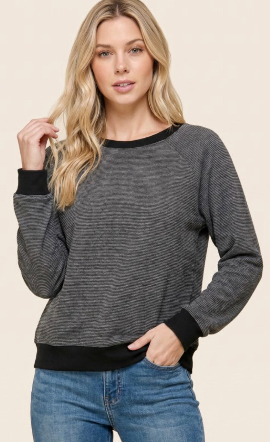 PREORDER NOW, Arriving Wednesday…Black trim knit top