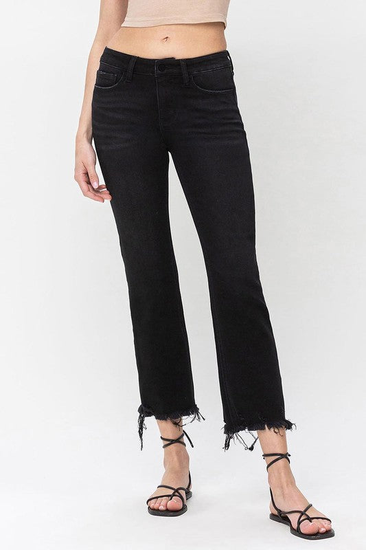 Black mid rise distressed bottom crop flare jeans with stretch