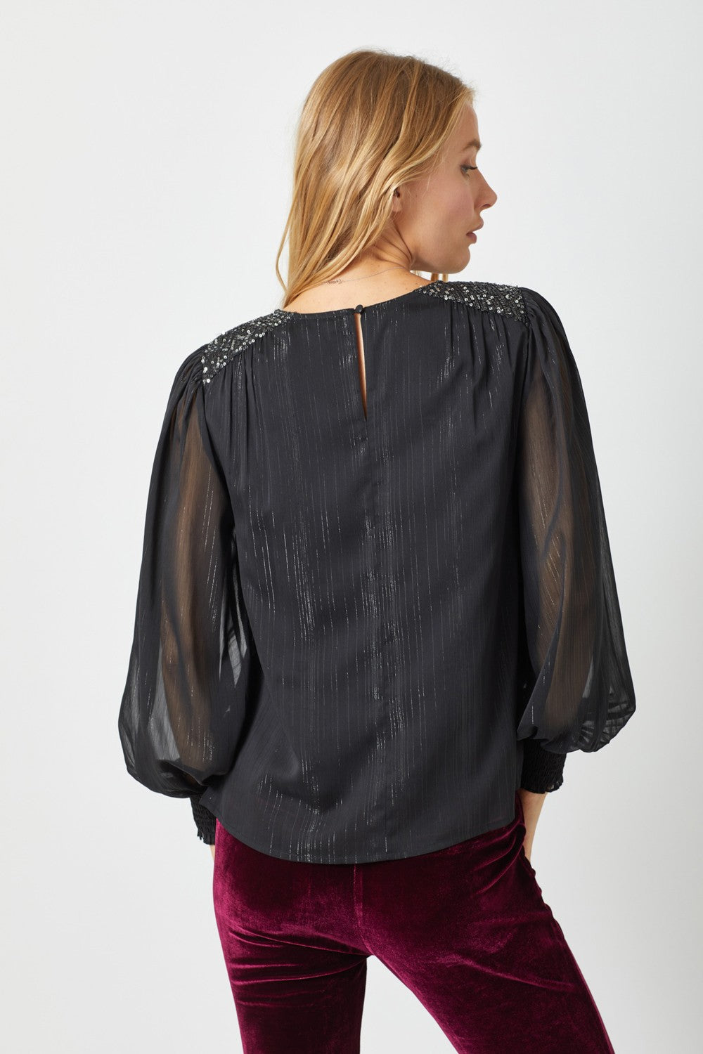Black with silver lurex chiffon blouse with sequin shoulders