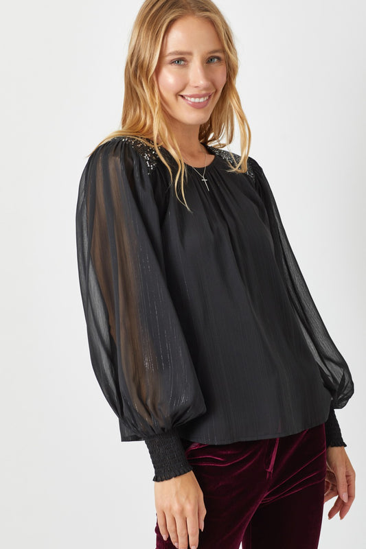 Black with silver lurex chiffon blouse with sequin shoulders