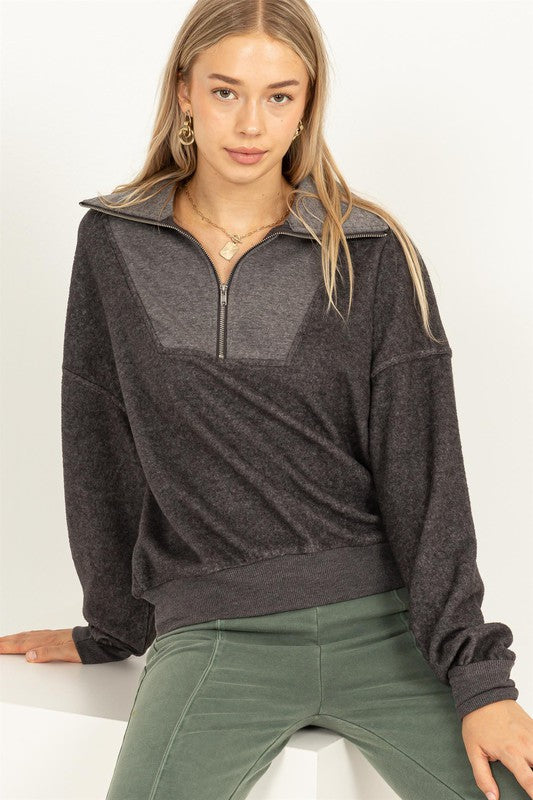 2 tone grey soft brushed knit quarter zip top