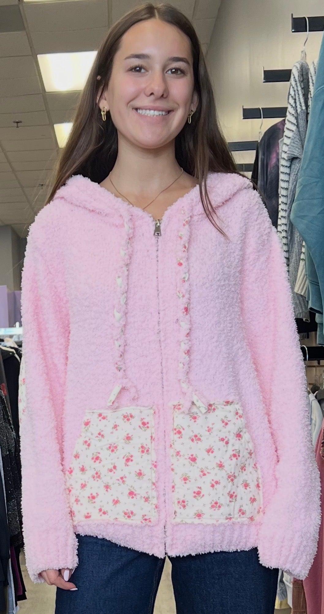 Pink cozy knit plush zip hoodie with floral pockets