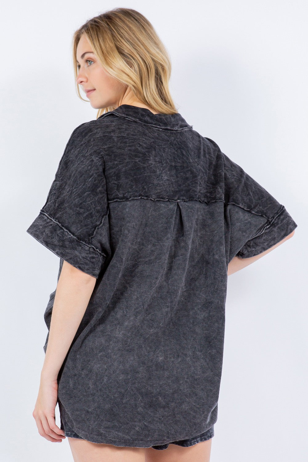 Black mineral wash loose fit top with pocket, up to XXL