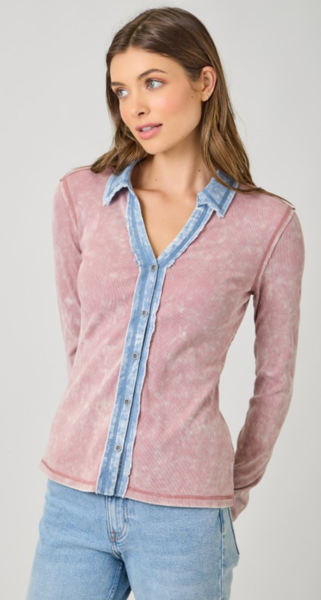 Denim trim soft knit tops with collar