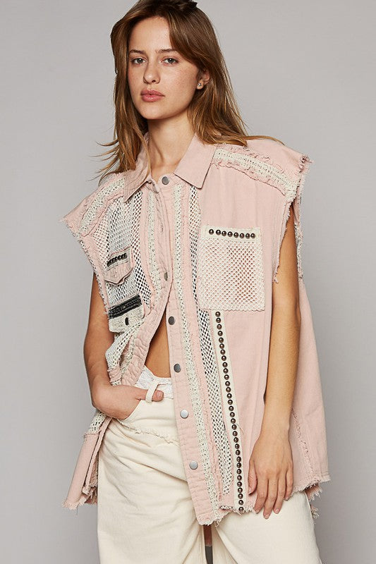 Pink vest with studs and crochet (layer over a short sleeve or long sleeve tee) available up to 2X