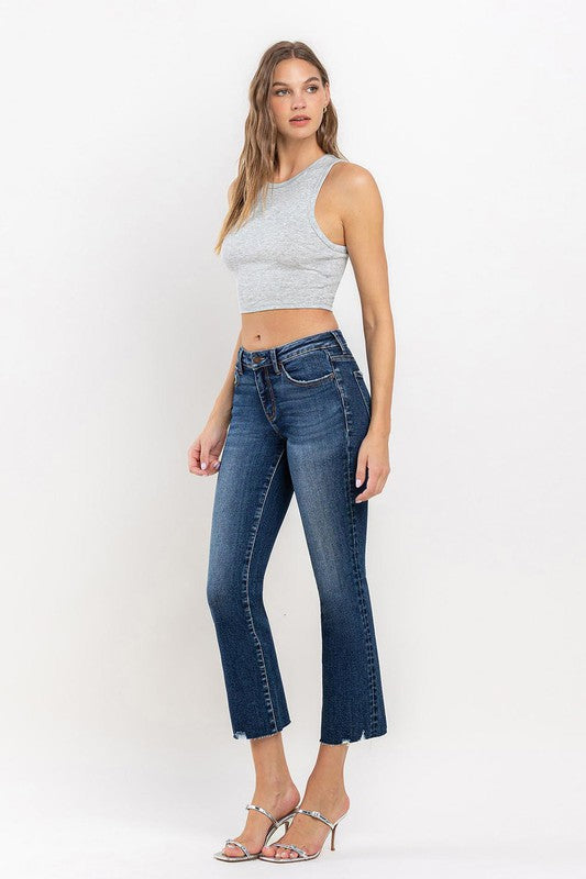 Dark wash cropped mini bootcut jeans with stretch